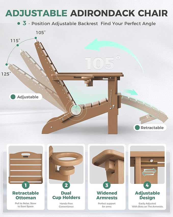 Folding Adirondack Chair with Retractable Ottoman Weather Resistant Fire Pit Chair Patio Chair with 2 Cup Holder Lawn Outdoor Lounge Chair (Teak)