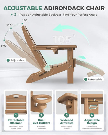 Folding Adirondack Chair with Retractable Ottoman Weather Resistant Fire Pit Chair Patio Chair with 2 Cup Holder Lawn Outdoor Lounge Chair (Teak)