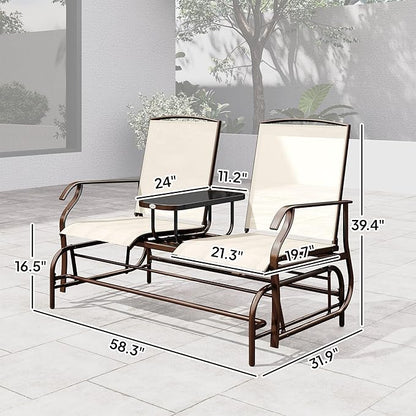 Outsunny Outdoor Glider Bench with Center Table, Metal Frame Patio Loveseat with Breathable Mesh Fabric and Armrests for Backyard Garden Porch, Beige