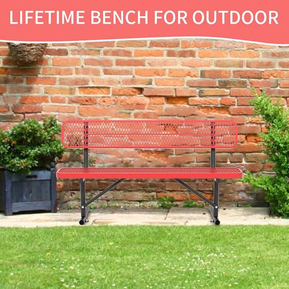 6 Ft Metal Park Bench for Outside, All-Weather Thermoplastic Coating Outdoor Bench with Backrest, Commercial Heavy Duty Benches for Shopping Malls, Stores, Parks, Patios, Decks, Red