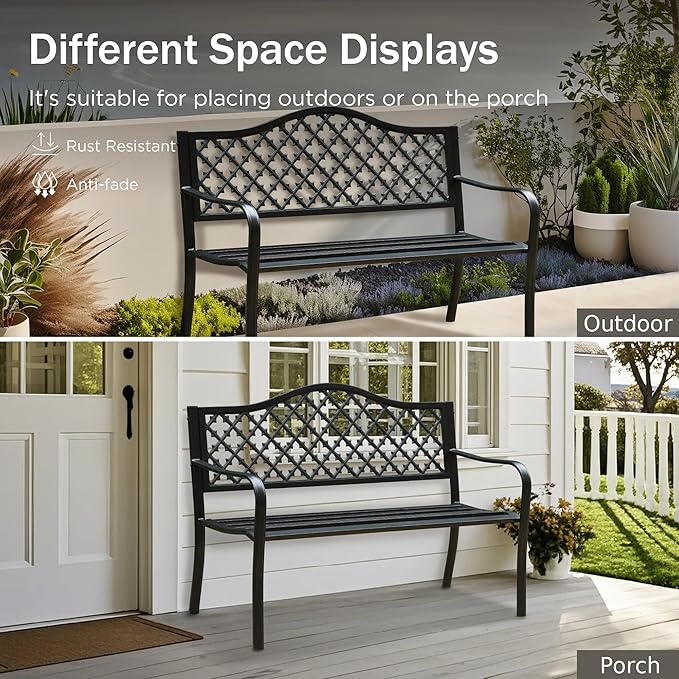 PHI VILLA 50" Outdoor Garden Patio Metal Bench for Outdoors with Plastic Backrest Armrests Sturdy Steel Frame, Black - Photo 6