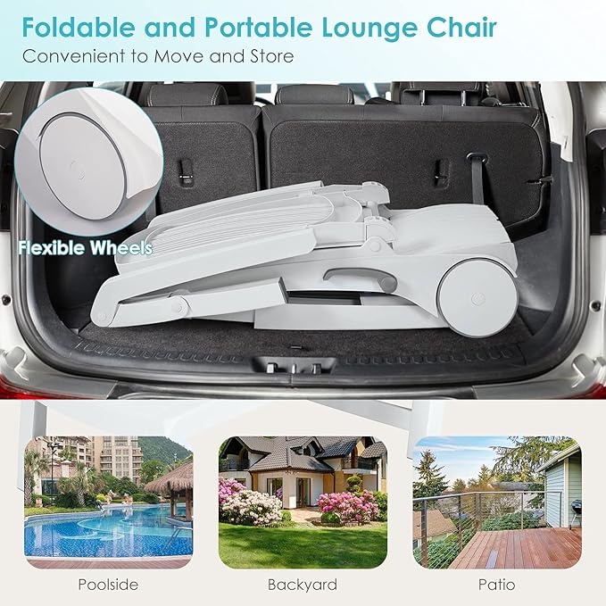 Tangkula Outdoor Chaise Lounge Chair, 5-Position Adjustable Recliner with Storage Box and Flexible Wheels, All-Weather Folding Patio Lounge Chair for Poolside, Beach and Backyard (2, White)