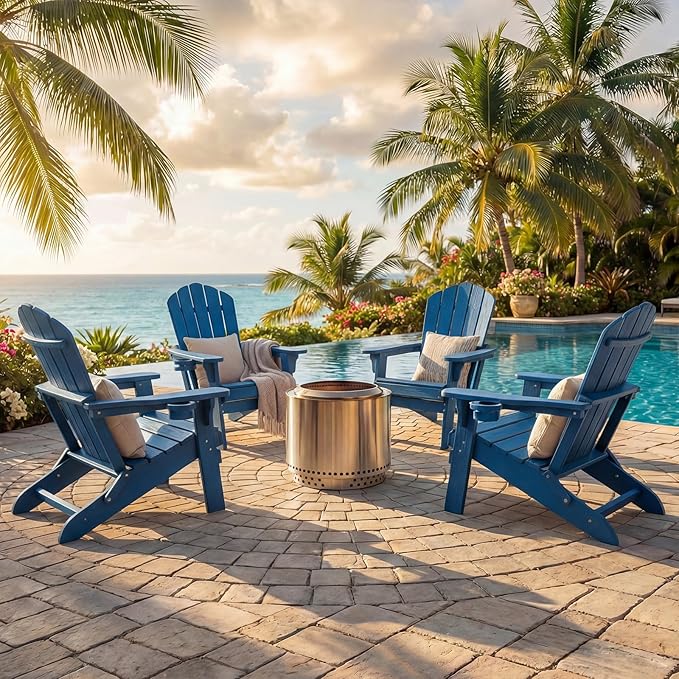 JEKO&JEKO Folding Adirondack Chair, All-Weather Outdoor Chair with Cup Holder, Plastic Adirondack Chair for Patio, Garden, Lawn, Porch, Deck, Backyard – Navy Blue