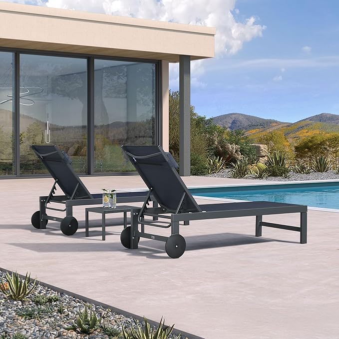 PURPLE LEAF Patio Lounge Chair Set Outdoor Chaise Lounger Aluminum Frame with 2 Side Table and Wheels for Pool Outside Sunbathing Tanning Recliner Including Pillows Navy Blue