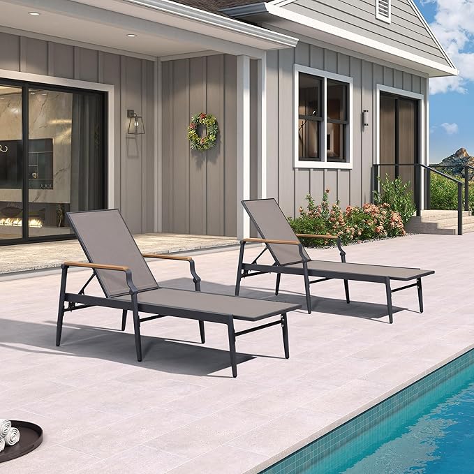PURPLE LEAF Outdoor Chaise Lounge Chair Set of 2 Patio Pool Lounger Aluminum Chairs with Wooden Armrest Sunbathing Tanning Recliner for Outside Backyard Brown