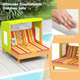 HONEY JOY Kids Chaise Lounge Chair Outdoor, Toddler Wood Double Pool Lounger Chairs w/Canopy, Cup Holders - Photo 4