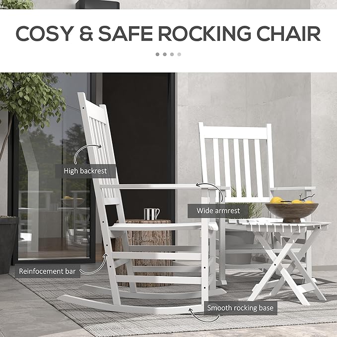 Outsunny Outdoor Rocking Chair Set of 2 with Side Table, Patio Wooden Rocking Chair with Smooth Armrests, High Back for Garden, Balcony, Porch, Supports Up to 352 lbs, White