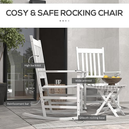 Outsunny Outdoor Rocking Chair Set of 2 with Side Table, Patio Wooden Rocking Chair with Smooth Armrests, High Back for Garden, Balcony, Porch, Supports Up to 352 lbs, White
