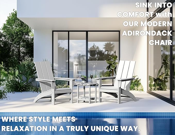 Modern Adirondack Chair, HDPE Plastic Patio Chairs for All Weather, Fire Pit Chair, Outdoor Lawn Chairs for Deck, Porch, Backyard, Garden, White