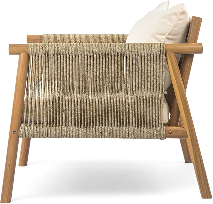 Christopher Knight Home Posey Modern Patio Wooden Club Chair with Rope Woven Armrest&Backrest, Outdoor Lounge Chair with Weather-Resistant Removable Cushions, Deep Seating Accent Chair, Teak+Beige