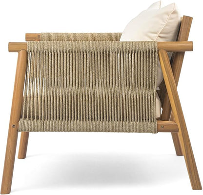 Christopher Knight Home Posey Modern Patio Wooden Club Chair with Rope Woven Armrest&Backrest, Outdoor Lounge Chair with Weather-Resistant Removable Cushions, Deep Seating Accent Chair, Teak+Beige