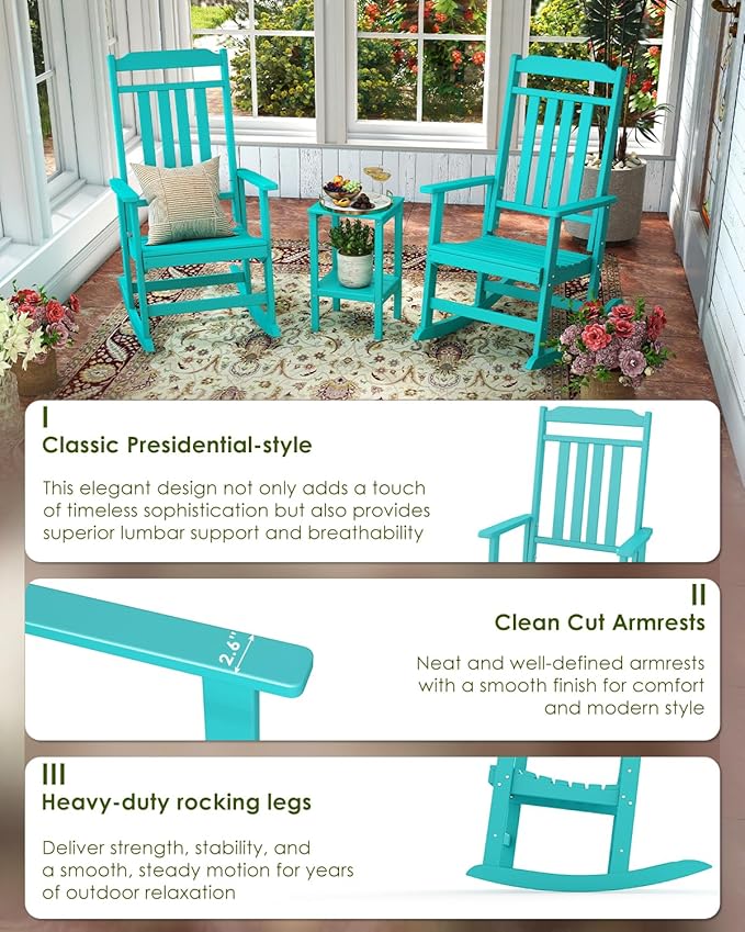 GREENVINES Outdoor-Rocking-Chair | HDPE Plastic | Patio Rockers | Porch Rocker Chairs | Oversized | High Back | Big & Tall | Aqua