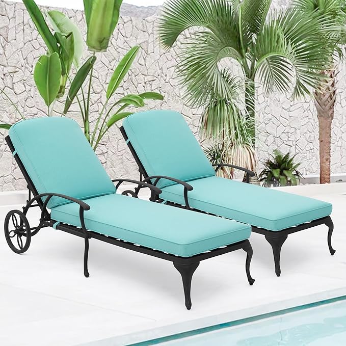 HOMEFUN Chaise Lounge Chair Outdoor - Poolside Chairs Set of 2 with Cushion Cast Aluminum Waterproof Lounger with Wheels and Adjustable Reclining, Pack of 2 (Cyan Cushion)