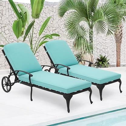 HOMEFUN Chaise Lounge Chair Outdoor - Poolside Chairs Set of 2 with Cushion Cast Aluminum Waterproof Lounger with Wheels and Adjustable Reclining, Pack of 2 (Cyan Cushion)