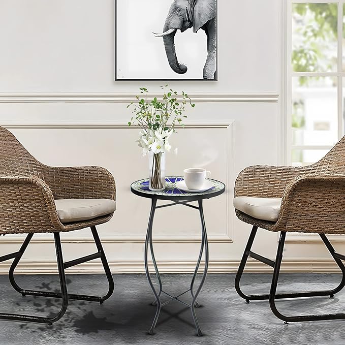 12 Inch Small Outdoor Side Table with Blue Morning Glory, Glass Mosaic Patio Table Indoor - Photo 6