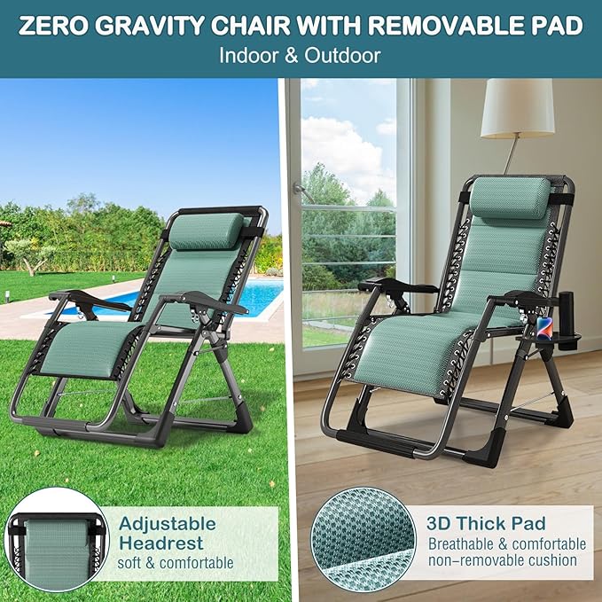 NAIZEA Padded Zero Gravity Chair, Cooling Fabric Folding Outdoor Lounge Chairs - Photo 4
