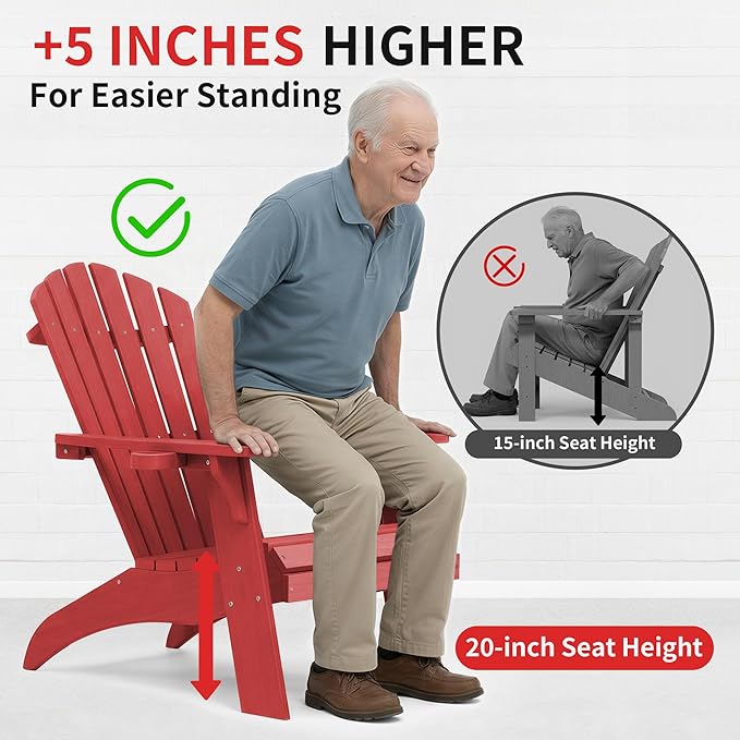 Psilvam Adirondack Chair, Oversized Poly Lumber Fire Pit Chair with Cup Holder, 350Lbs Support Patio Chairs for Garden, Weather Resistant Adirondack Chair Looks Like Real Wood (4, Red)