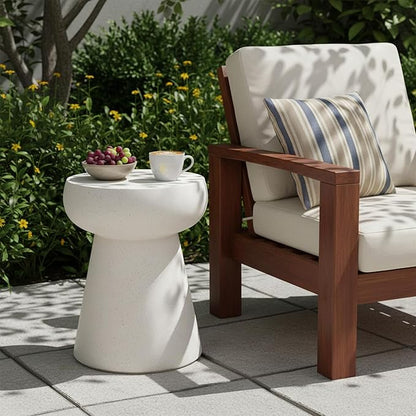Outdoor Side Table Round Concrete End Table Faux Stone Side Tables Travertine Small Coffee Tables for Indoor Outdoor, Garden Stool Plant Stand for Porch, Backyard Patio, 14.56" Pedestal