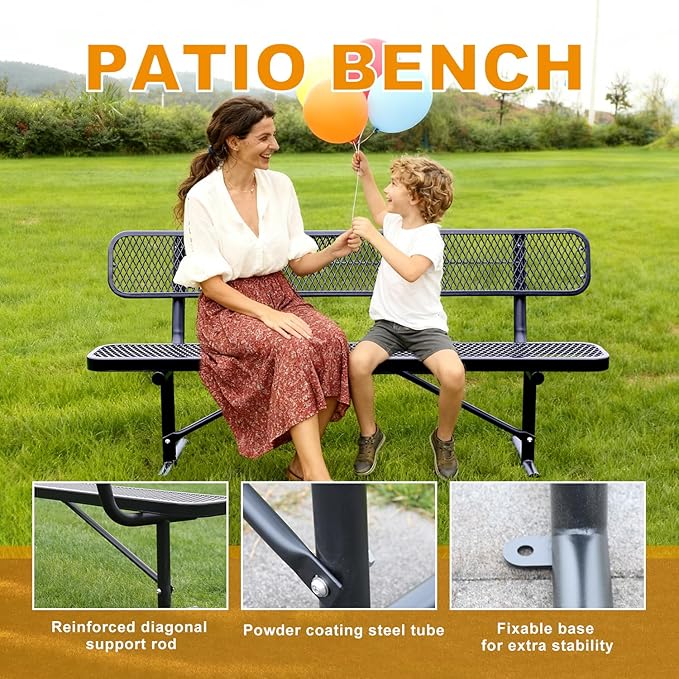 6 ft Outdoor Park Bench – Heavy-Duty Steel Frame & Rust-Resistant Thermoplastic Coating, Suitable for Gardens, Courtyards, Campuses, Commercial Spaces (Black, 6ft)