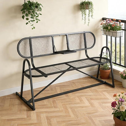 Outdoor Bench, Metal Mesh Garden Bench with Foldable Middle Table, 55" Weather Resistant Patio Park for 2-3 People, Decorative Porch Chair for Yard, Deck, and Lawn, Black