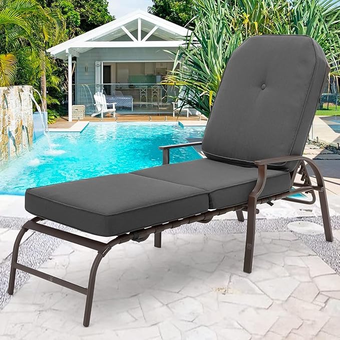 U-MAX Adjustable Outdoor Chaise Lounge Chair Patio Lounge Chair Recliner Furniture with Armrest and Cushion for Deck, Poolside, Backyard (Grey, 2PCS)
