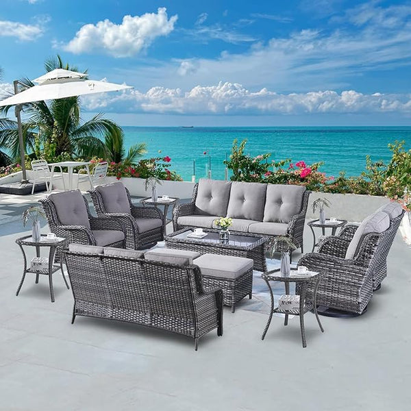 Belord 13 Piece Wicker Patio Furniture Set, Outdoor Swivel Rocker Chairs Set of 4 with Ottomans and Rattan Couch - Photo 1