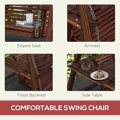 Outsunny 2-Seat orch Swing with Stand, Wooden Patio Swing Chair with Side Tables and Metal Chains, Outdoor Hanging Bench for Garden, Poolside, Backyard, Carbonized