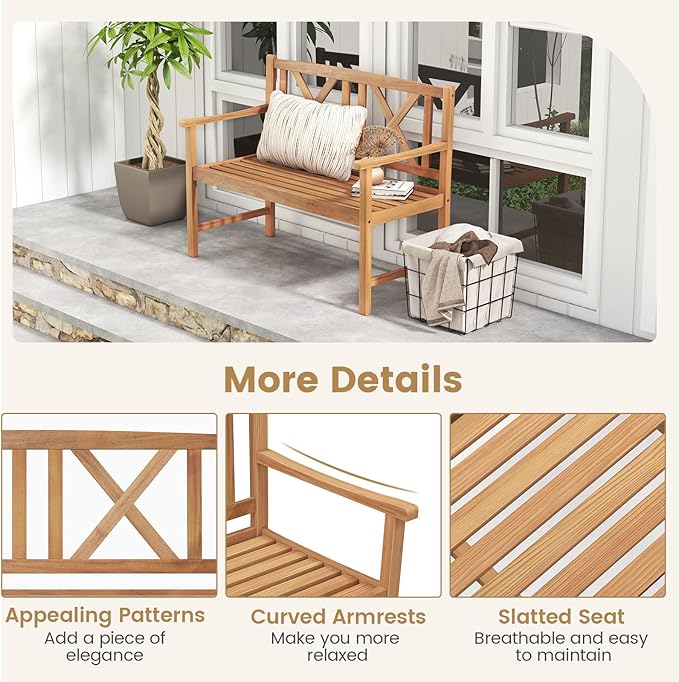 Tangkula Patio Acacia Wood Bench, 2-Person Outdoor Loveseat Chair, Cozy Armrest & Backrest, Sturdy Acacia Wood Frame, Outdoor Slatted Seating Bench for Backyard, Garden, 800 lbs Max Load