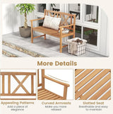 COSTWAY Outdoor Wooden Bench, Outdoor Acacia Wood Loveseat with Curved Armrest & Backrest, Sturdy Wood Bench for Garden - Photo 5