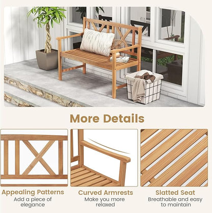 Wooden Outdoor Bench, 47.5” Rustic Acacia Wood Bench, Outside Garden Bench w/High Back & Armrest, 2-Person Loveseat Patio Bench for Front Porch Backyard Park, Teak Finish (Cross)