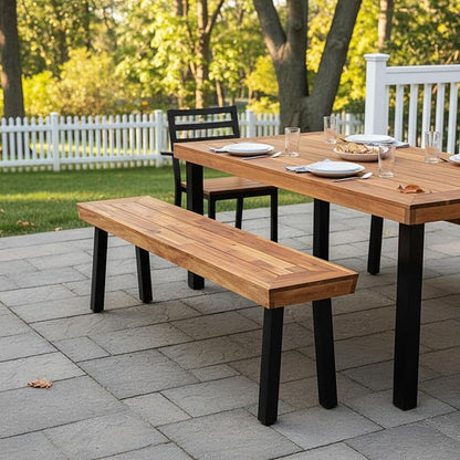 Tangkula Outdoor Acacia Wood Bench, Patio Dining Picnic Bench with Steel Legs for Porch Garden Poolside Living Room Balcony, Ideal for Indoor & Outdoor Use (1, Teak)