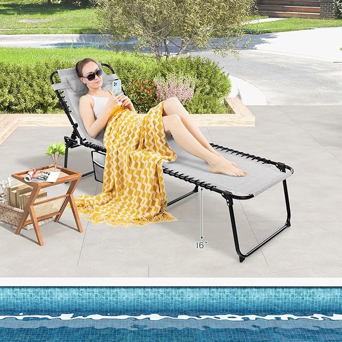 Goplus Chaise Lounge Chair Outdoor, Folding 5-Postion Beach Lounger with Detachable Pillow, Side Pocket, Sunbathing Lounge Chair, Adjustable Tanning Chair for Patio Lawn Pool Yard