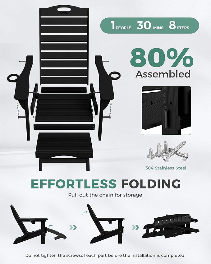 Folding Adirondack Chairs Set of 2,Adirondack Chair with Retractable Ottoman,Plastic Adirondack Chairs with 2 Cup Holder,Weather Resistant Patio Chair,Outdoor Chairs Set of 2(Black)