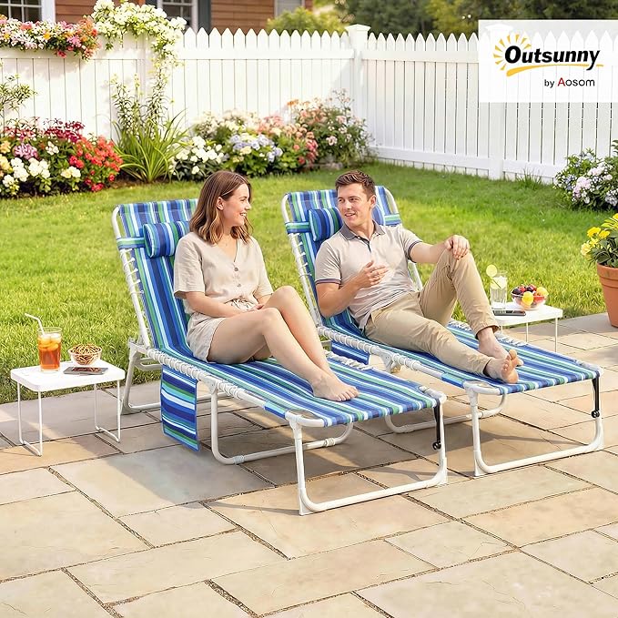 Outsunny Tanning Chair Set of 2 with Face Hole, Side Table, 5-Position Reclining Folding Chaise Lounge Chair Outdoor Lounger Recliner, Carry Straps for Beach Pool Camp, Oxford Fabric, Blue Stripe