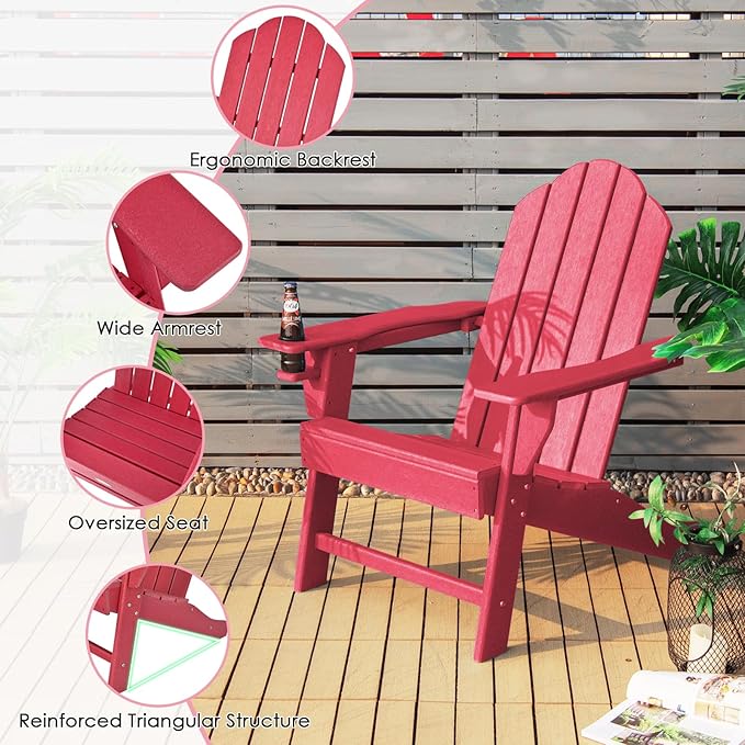 Giantex Adirondack Chair, HDPE All-Weather Patio Chair with Built-in Cup Holder, Outside Composite Chairs, Lawn Chair for Campfire, Deck, Garden, Yard, Balcony, Outdoor Fire Pit Chairs (1, Red)