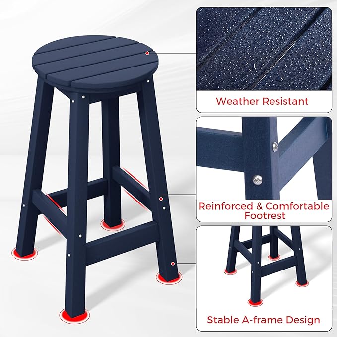 Costaelm 24" Height Outdoor Bar Stools, All-Weather Bar Stools, Adirondack Poly Patio Round Bar Stool for Patio, Deck, Kitchen Counter and Garden, Navy Blue