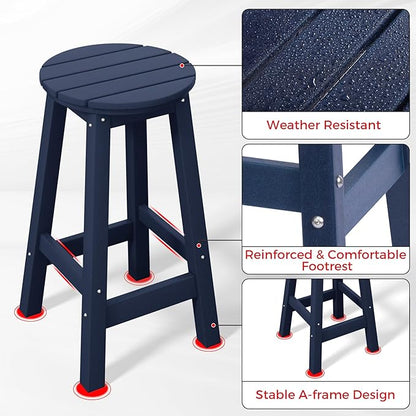 Costaelm 24" Height Outdoor Bar Stools, All-Weather Bar Stools, Adirondack Poly Patio Round Bar Stool for Patio, Deck, Kitchen Counter and Garden, Navy Blue