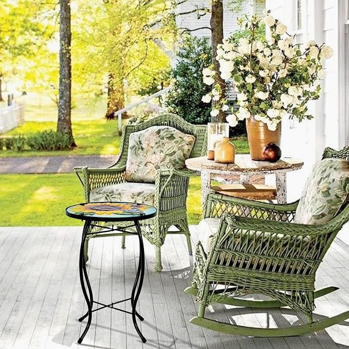 Butterfly Sunflower Small Patio Table,Outdoor Side Table,Outdoor Bar Tables,Metal Glass End Table for Porch Garden Yard Living Room Valentine Decor, 10 Inch Table, Valentine Decoration Gift