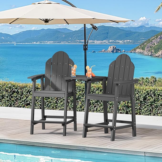 LUE BONA Tall Adirondack Chair Set of 2, All Weather HDPS Bar Height Adirondack Chair with Detachable Table & Umbrella Hole, Adirondack Barstools for Patio, Deck, Backyard & Commercial Use Dark Gray