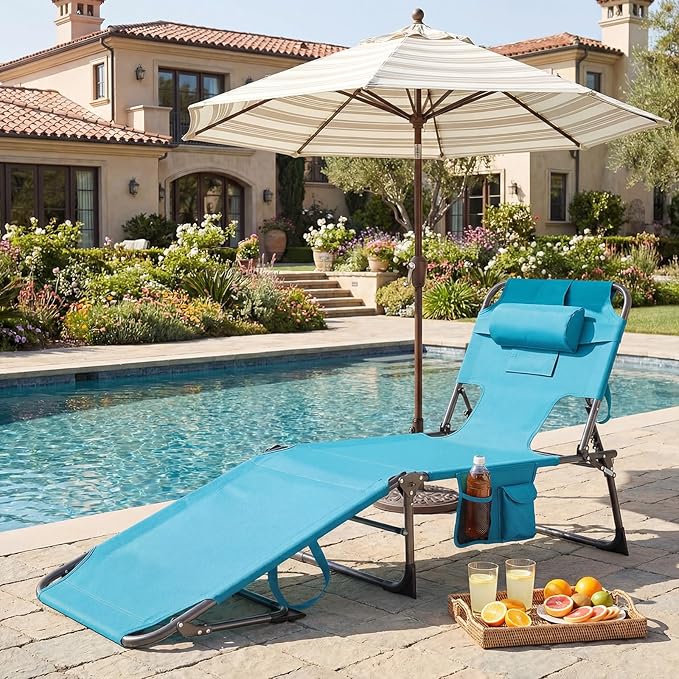 GYMAX Tanning Chair with Face Hole, Sun Bathing Lounge Chairs for Outside with Side Pocket, Folding Portable Face Down Layout Tanning Chair Beach, Backyard, Poolside, Lawn (Turquoise,2)
