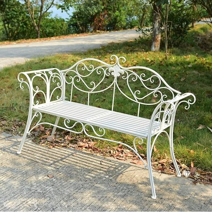 Metal Garden Bench, Country Wrought Iron Double Chair Bench, Villa Garden Courtyard Decoration Leisure Chair, Park Outdoor Bench with Backrest White
