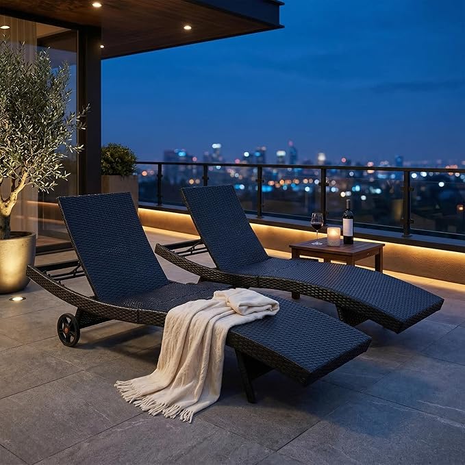 Outdoor Wicker Patio Chaise Lounge Chair with Wheels Set of 4, Black&Brown Rattan Pool Furniture Lounger for Outside Poolside Lounges, Jumbo Co Chaise Lounge Chairs, Wicker Patio Pool Furniture