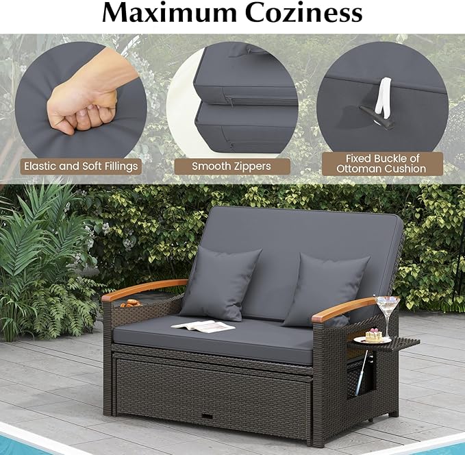 LDAILY Moccha Outdoor Wicker Daybed, Patio Rattan Loveseat Sofa w/ 4-Level Adjustable Backrest, Folding Panels, Storage Ottoman & Cushions, Lounge Furniture Set for Poolside Backyard Porch (Grey)