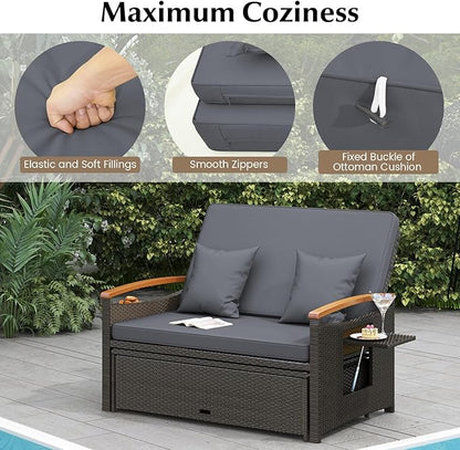 LDAILY Moccha Outdoor Wicker Daybed, Patio Rattan Loveseat Sofa w/ 4-Level Adjustable Backrest, Folding Panels, Storage Ottoman & Cushions, Lounge Furniture Set for Poolside Backyard Porch (Grey)