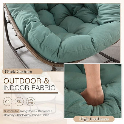 Large Indoor Outdoor Rocking Chair, Oversized Rocking Papasan Chair with Thick Cushion and Frame Outdoor Rocker, Comfy Wicker Egg Chairs Lounge for Outside Porch Patio Backyard Balcony, Light Green