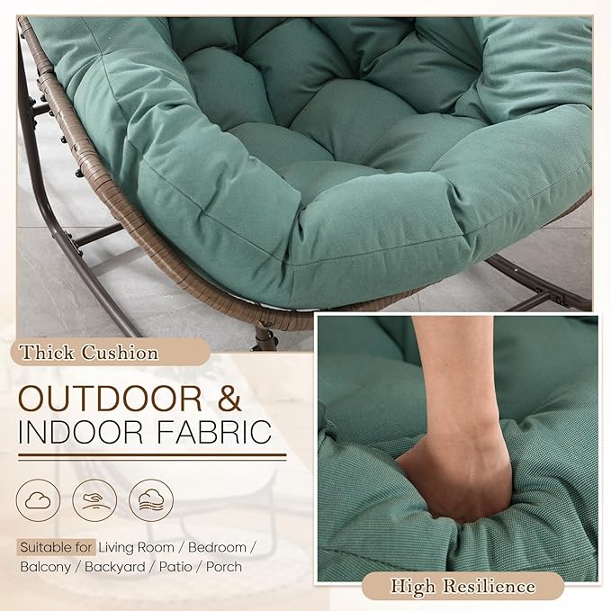Large Indoor Outdoor Rocking Chair, Oversized Rocking Papasan Chair with Thick Cushion and Frame Outdoor Rocker, Comfy Wicker Egg Chairs Lounge for Outside Porch Patio Backyard (Light Green, Set of 2)