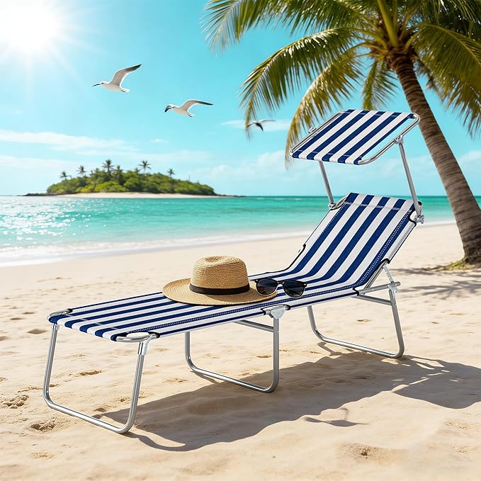 Outsunny Outdoor Lounge Chair, Adjustable Folding Chaise Lounge, Tanning Chair with Sun Shade for Beach, Camping, Hiking - Photo 9