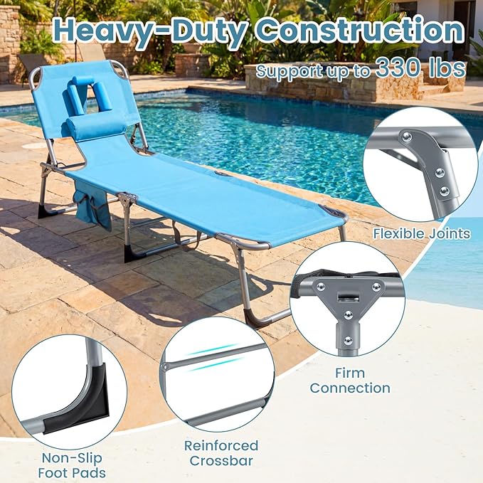 Giantex Face Down Tanning Chair, Folding Beach Lounge Chair w/ 4-Position Adjustable Backrest, Outdoor Sunbathing Lounge Chair w/Face Arm Holes & Storage Pocket for Patio Deck Poolside (2, Navy)