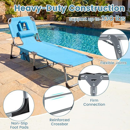 Giantex Face Down Tanning Chair, Folding Beach Lounge Chair w/ 4-Position Adjustable Backrest, Outdoor Sunbathing Lounge Chair w/Face Arm Holes & Storage Pocket for Patio Deck Poolside (2, Navy)
