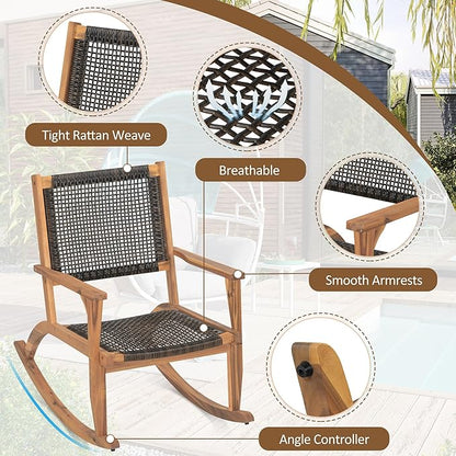 Merax 2-Piece Patio Rocking Chair Set, Acacia Wood Outdoor Rockers with PE Wicker Rattan Seat & Backrest, Comfortable Garden Porch Chairs for Backyard, Balcony, Poolside